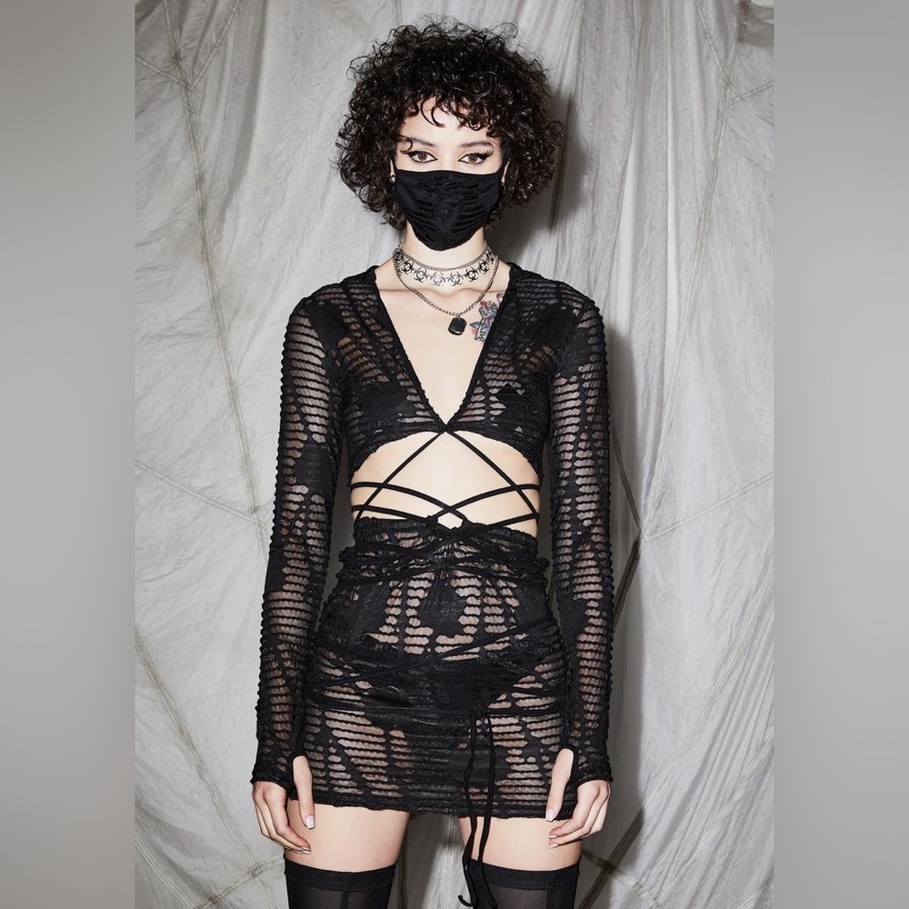 Darker Wavs Reverb Hooded Sheer Matelasse Wrap Top and Mini Skirt - SOLD AS SET - Picture 2 of 10